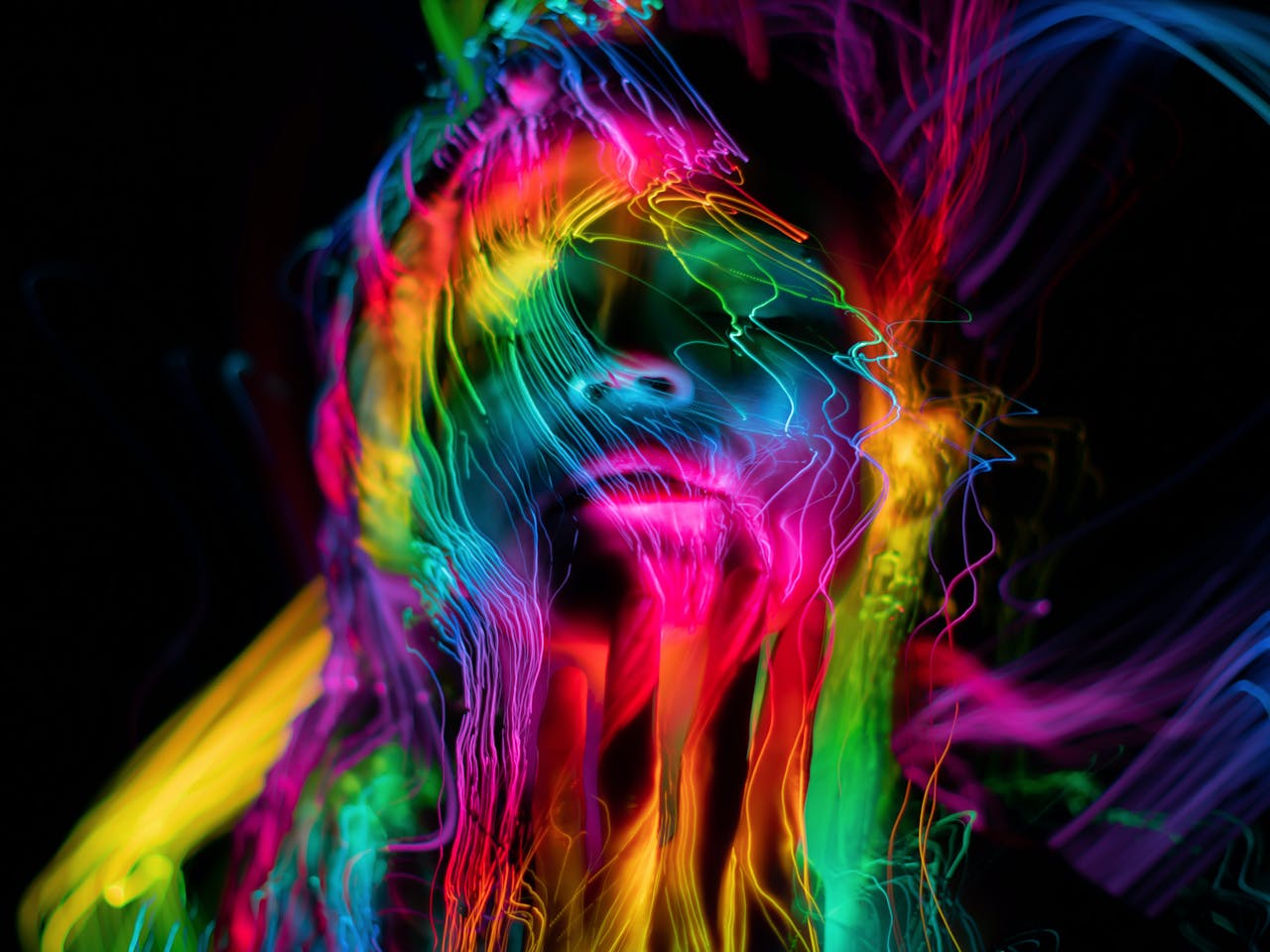 Home Colorful abstract neon portrait capturing luminescent waves and dynamic light.